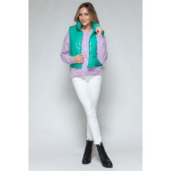 SNOBBISH Green Shiny Quilted Puffer Vest Full Zip Turtleneck Misses NEW Medium - Picture 8 of 11